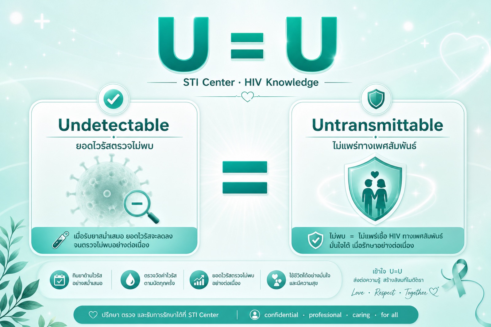 แผนภาพแนวคิด U=U แสดงว่ายอดไวรัสต่ำจนตรวจไม่พบเท่ากับไม่แพร่เชื้อทางเพศสัมพันธ์